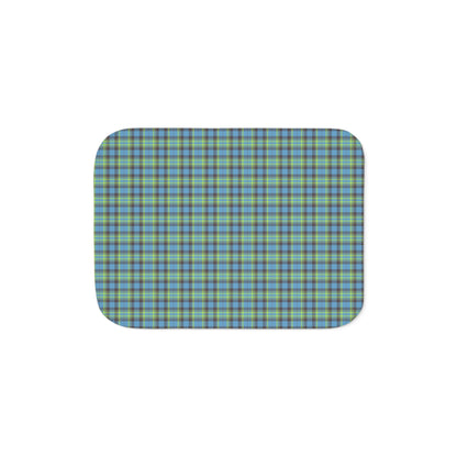 A rectangular mouse pad with rounded corners, featuring a blue and green plaid pattern on a white background.