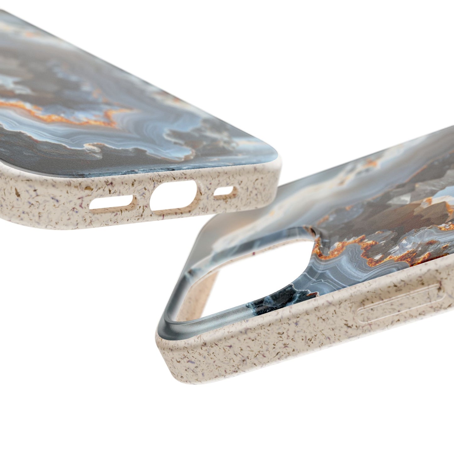 Two close-up views of a smartphone case with a marbled agate-inspired design in blue, gray, white, and brown, with a speckled beige edge, on a white background.
