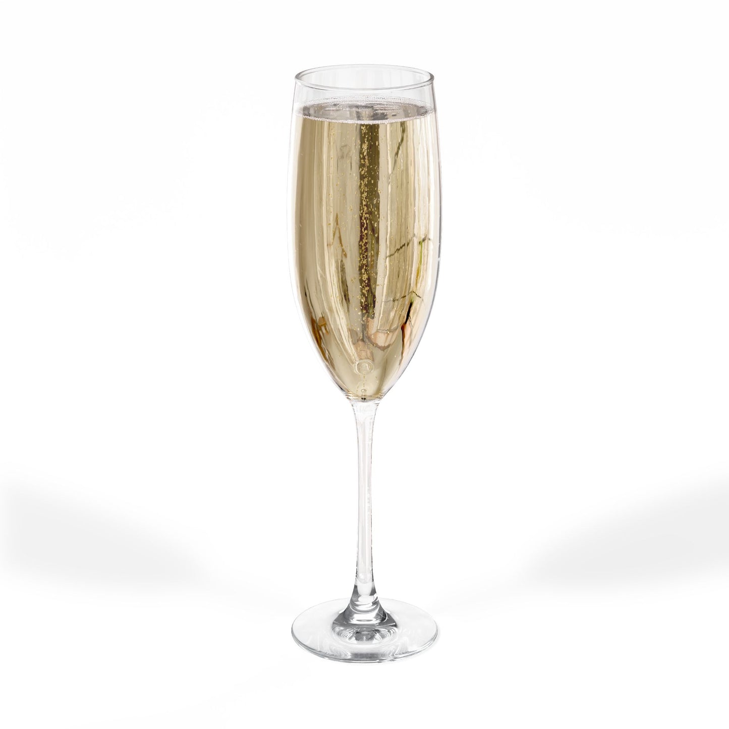 Champagne flute filled with champagne on a white background.  This is the back view.