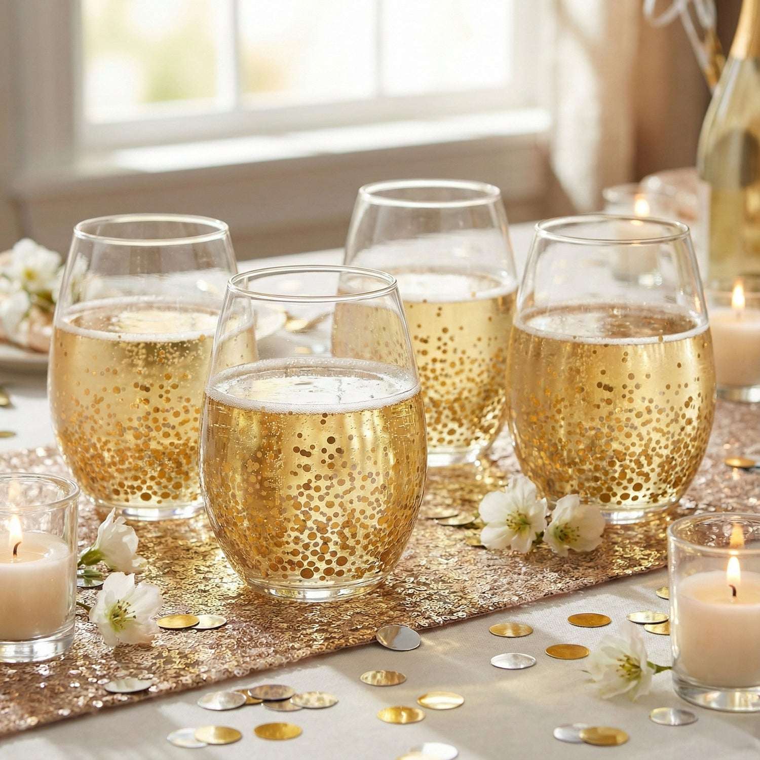 Four glass stemless wine glasses with gold polka dots, filled with sparkling liquid on a gold sequin runner.