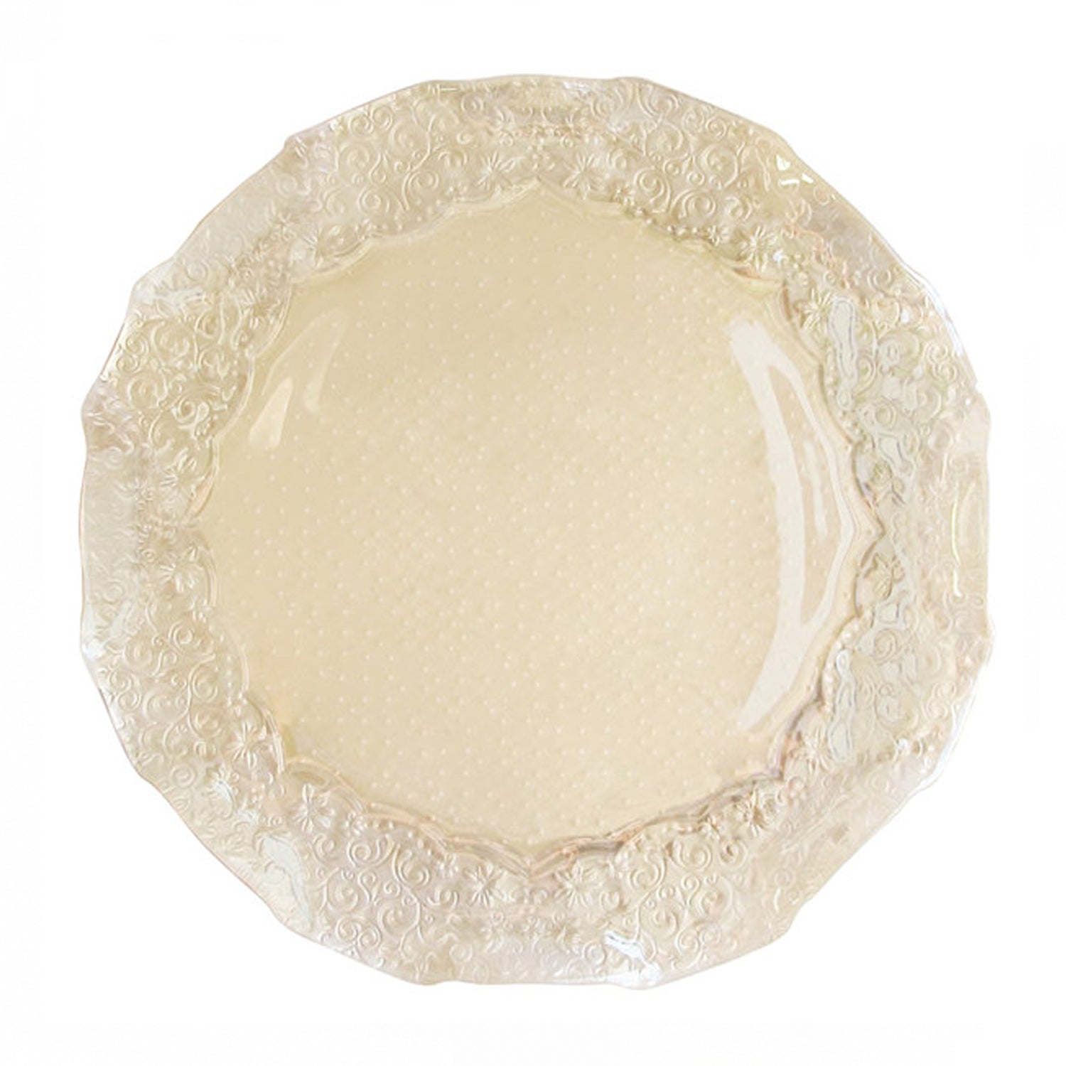 Decorative charger plate in pearl finish.