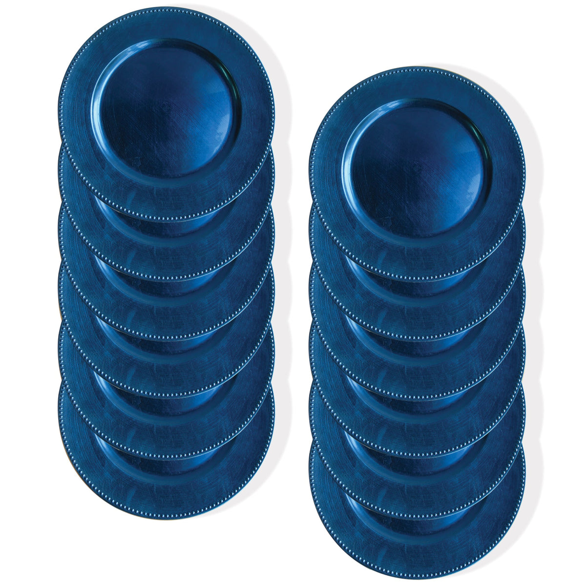 Set of blue charger plates on a white background