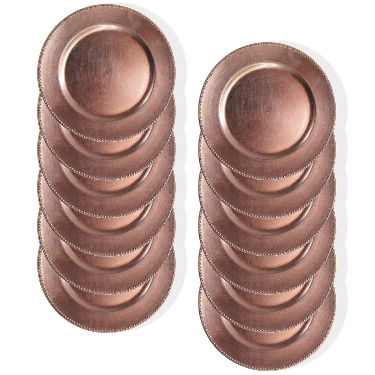 Set of stacked copper plates on a white background