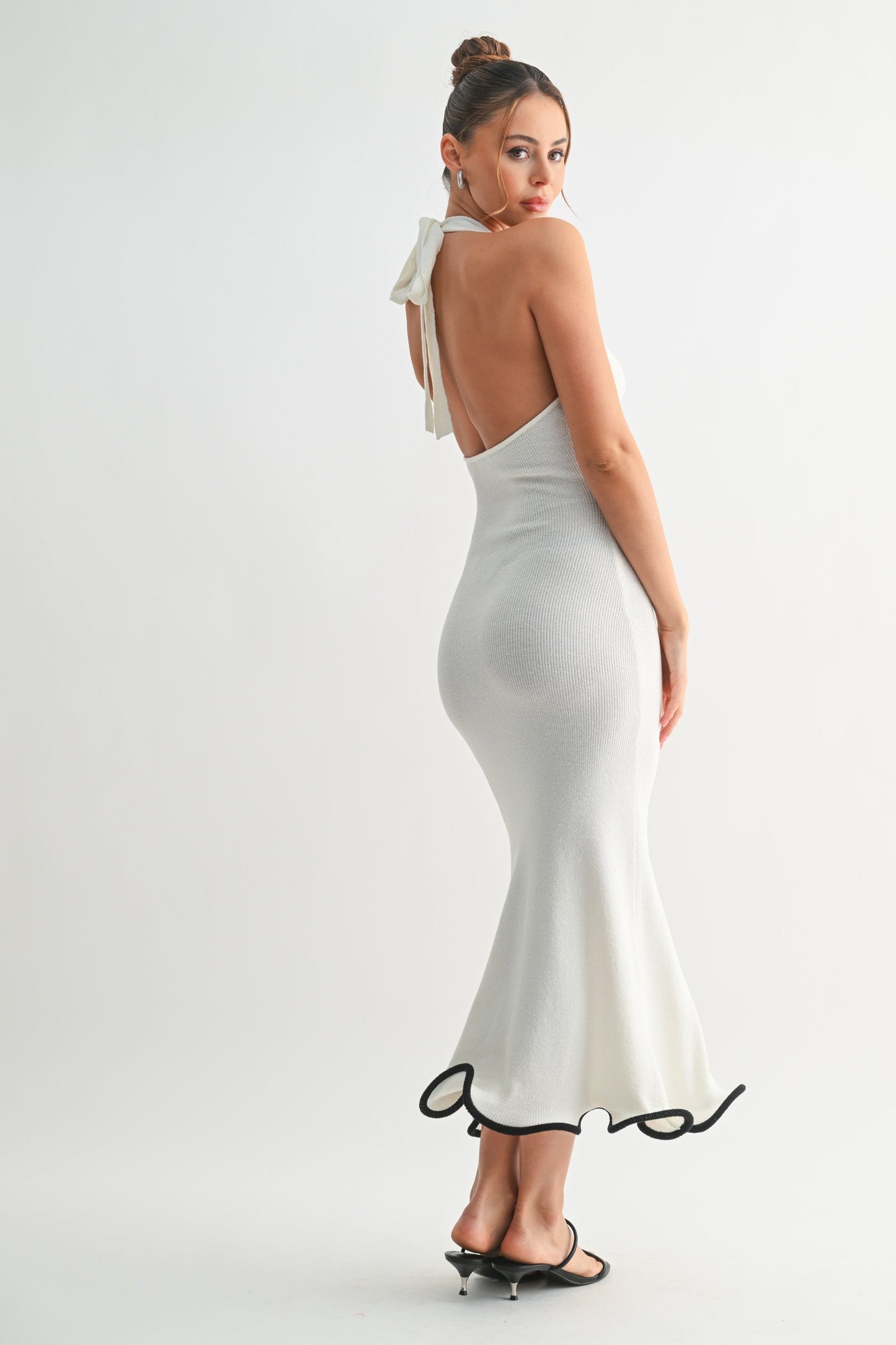 Black-Bottom Trimmed White Halter Dress – Modern Classic Elegance