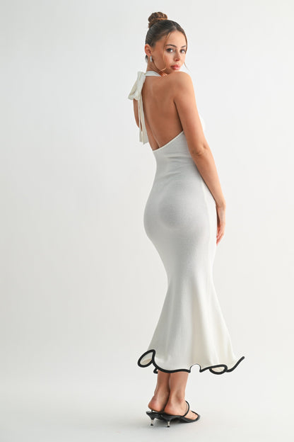 Black-Bottom Trimmed White Halter Dress – Modern Classic Elegance