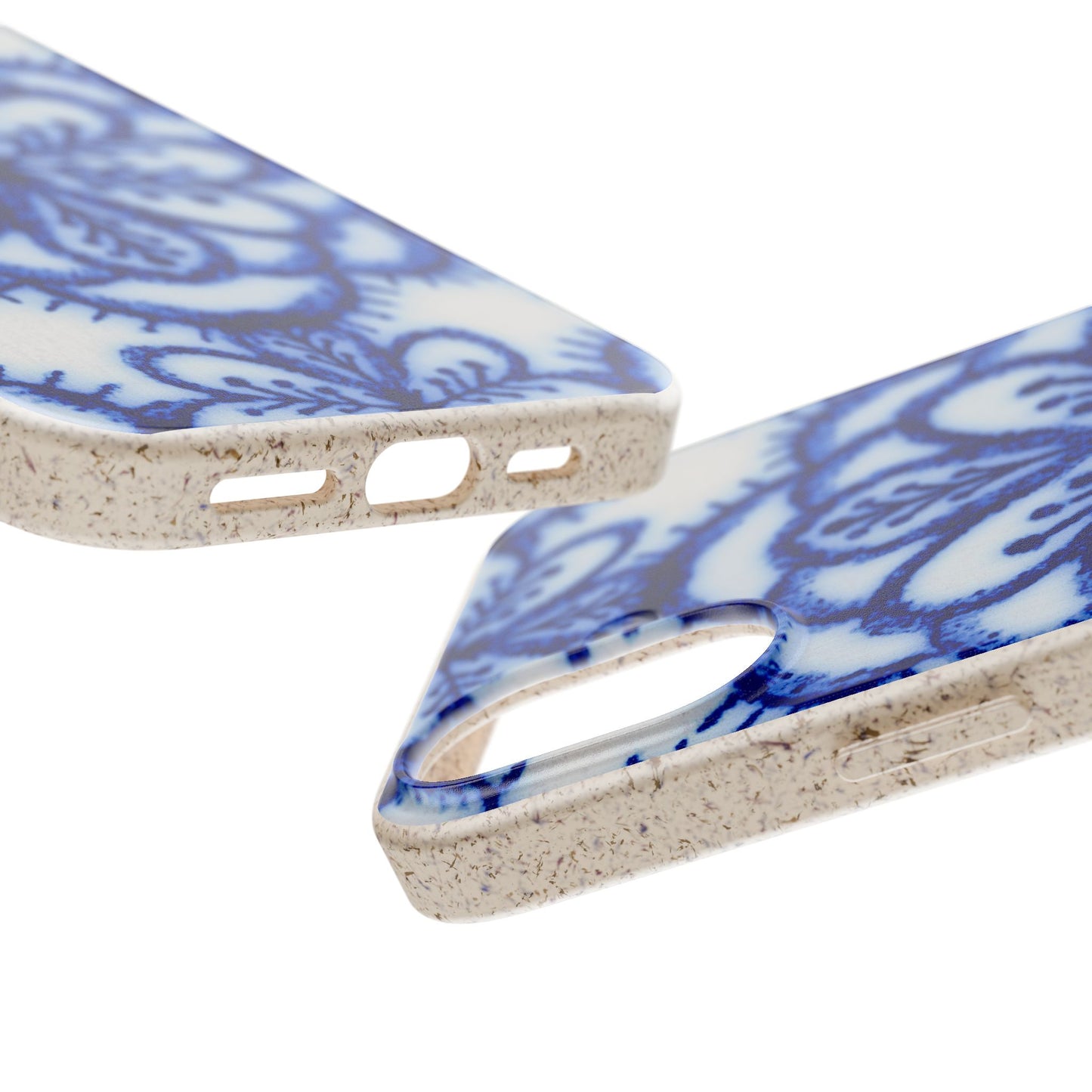Two close-up views of a phone case with a blue floral pattern on a white background and a speckled beige textured edge, shown on a clean white background.