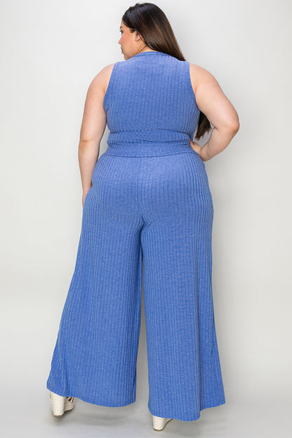 Full size ribbed tank top and wide leg pants set in blue, featuring a fitted waist and relaxed fit, shown from the back.