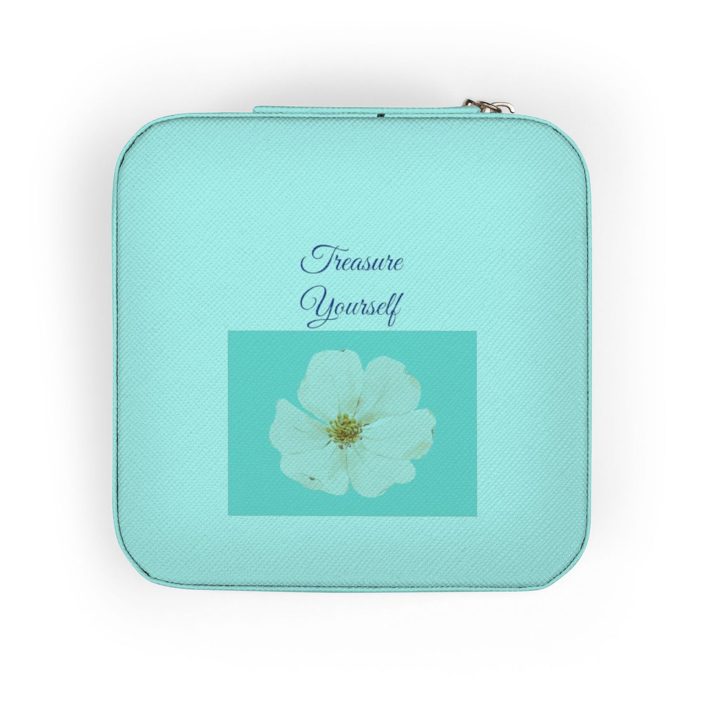 A tiffany blue zippered pouch with a textured faux-leather finish, featuring the text 'Treasure Yourself' in dark blue script above a square graphic of a white flower on a mint green background.