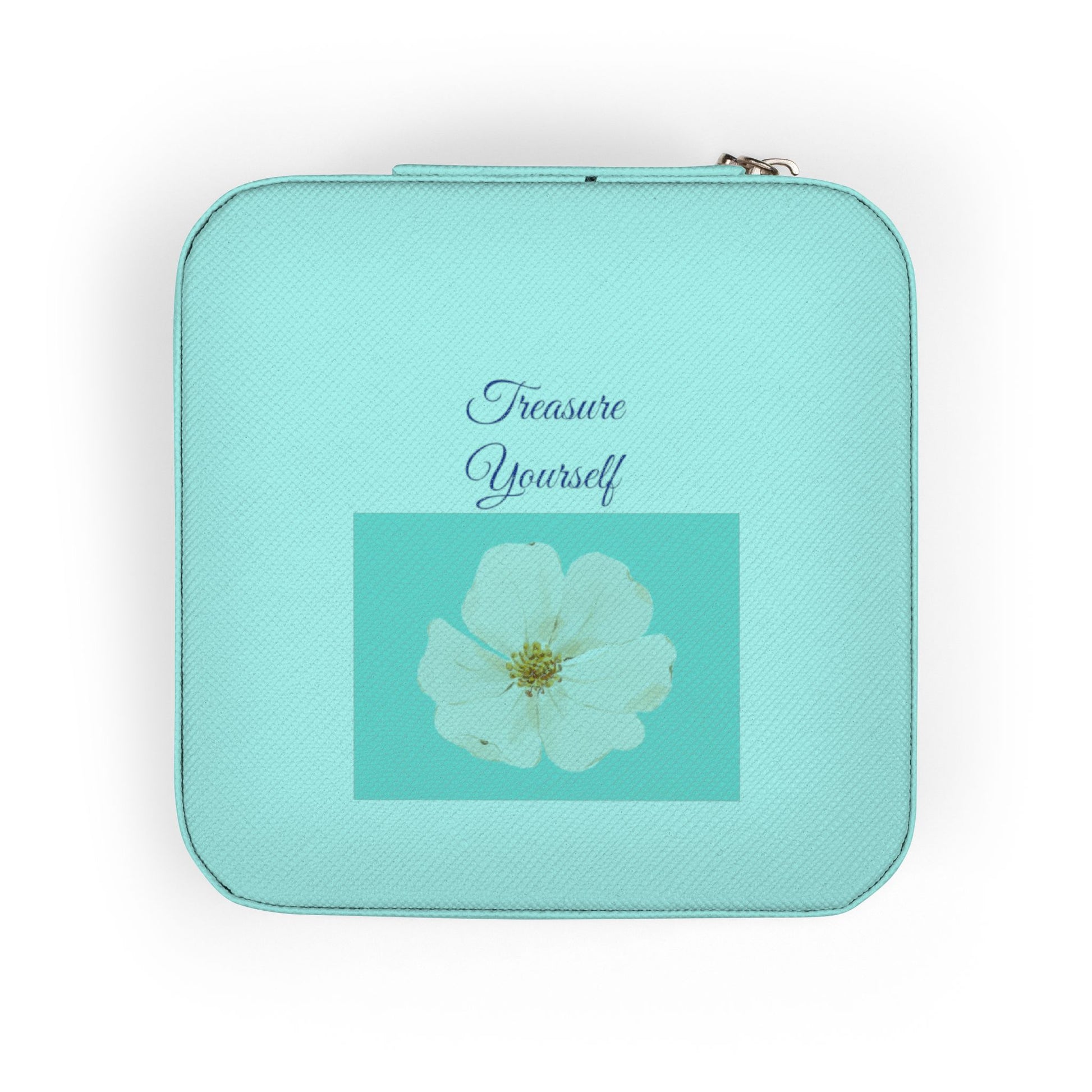 A tiffany blue zippered pouch with a textured faux-leather finish, featuring the text 'Treasure Yourself' in dark blue script above a square graphic of a white flower on a mint green background.