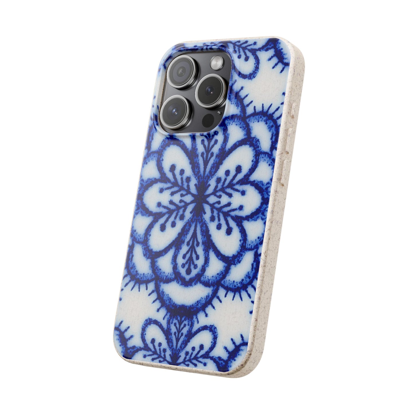 A protective phone case with a blue and white floral mandala pattern, designed for an iPhone with a triple-camera system, shown on a plain white background.