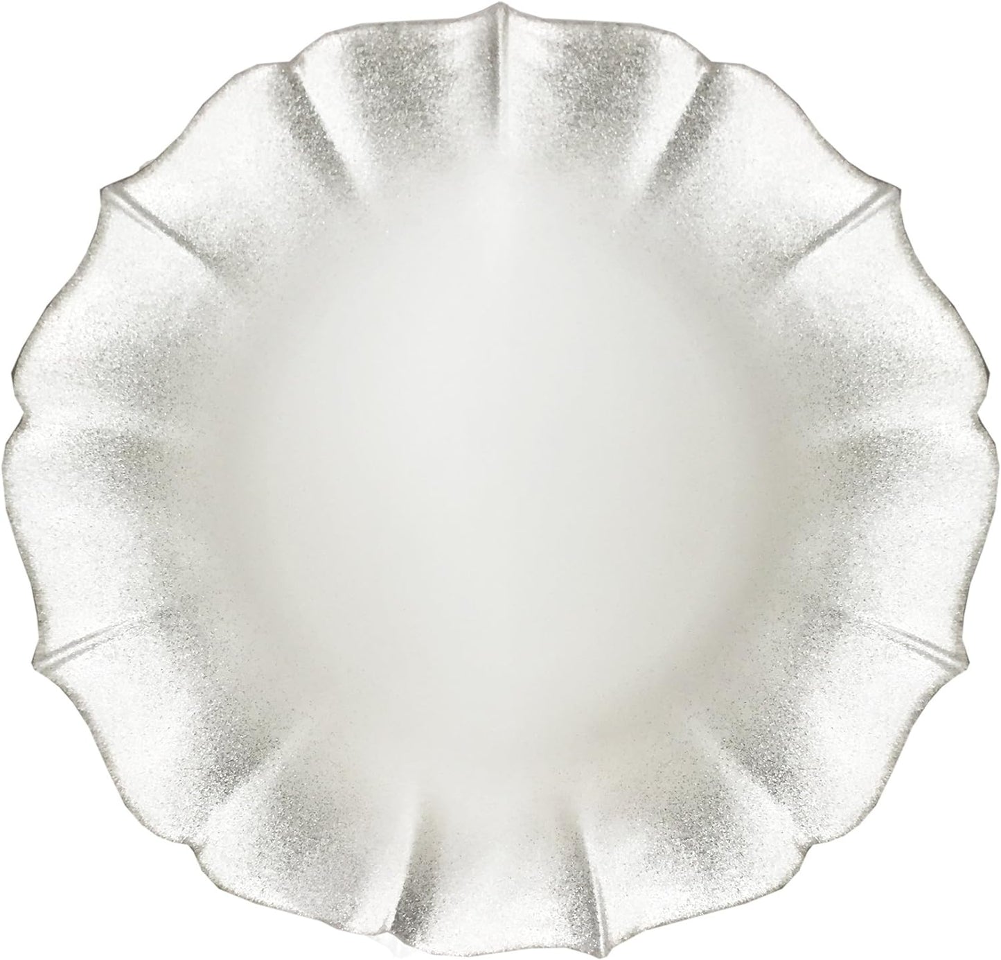 Silver metallic charger plate on a white background