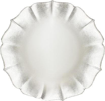 Silver metallic charger plate on a white background
