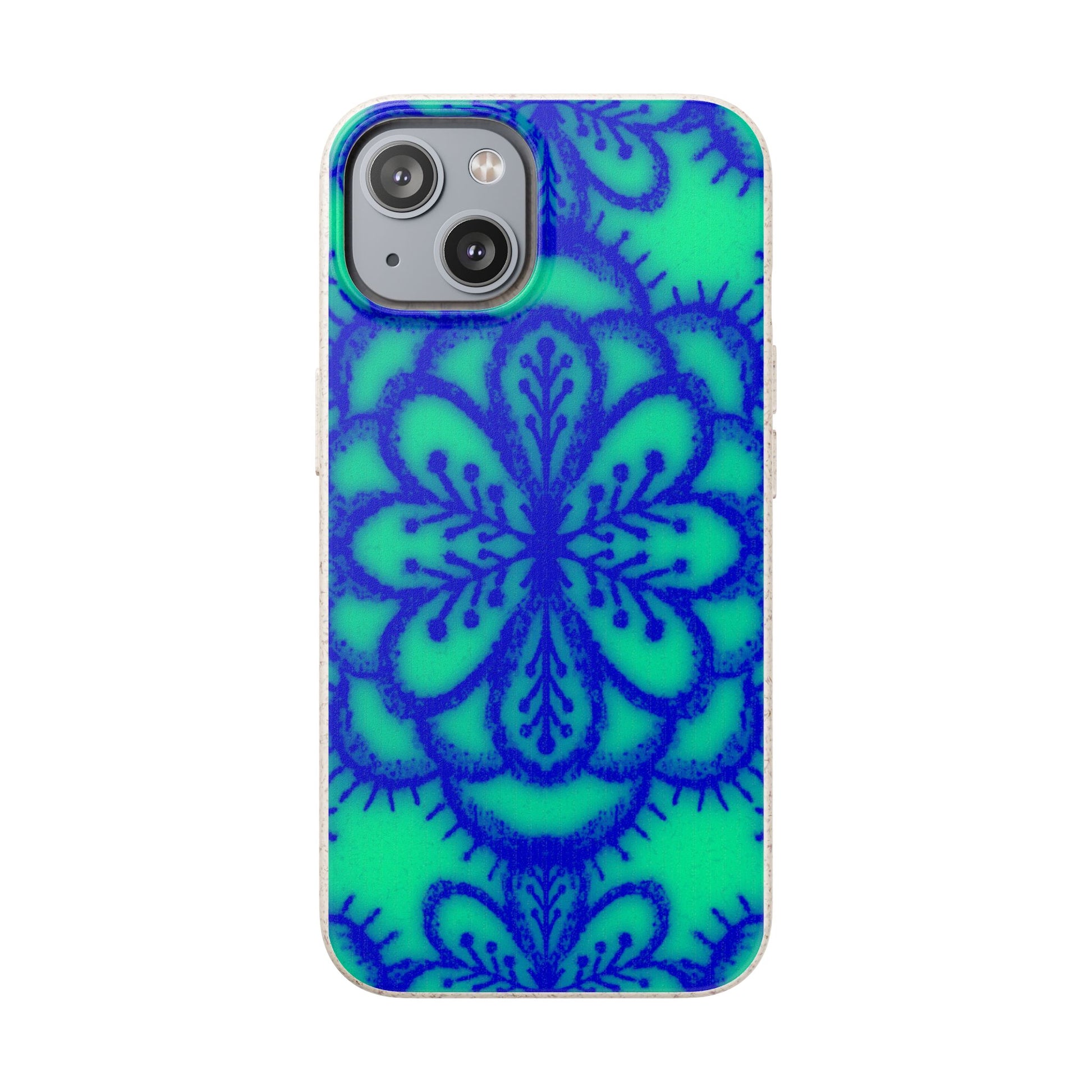 A phone case featuring a vibrant blue mandala pattern on a bright green background, shown on a plain white studio background.