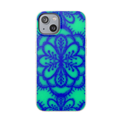 A phone case featuring a vibrant blue mandala pattern on a bright green background, shown on a plain white studio background.