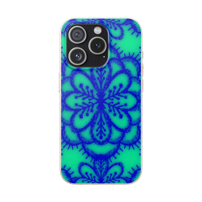 A protective phone case with a vibrant blue mandala pattern over a bright green background, shown on a plain white background.