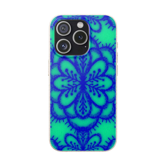 A protective phone case with a vibrant blue mandala pattern over a bright green background, shown on a plain white background.