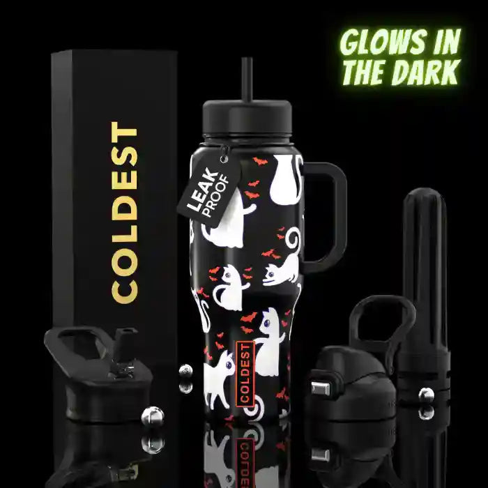 Black water bottle with ghost design, 'Coldest' branding, and 'Glow in the Dark' text on a black background.