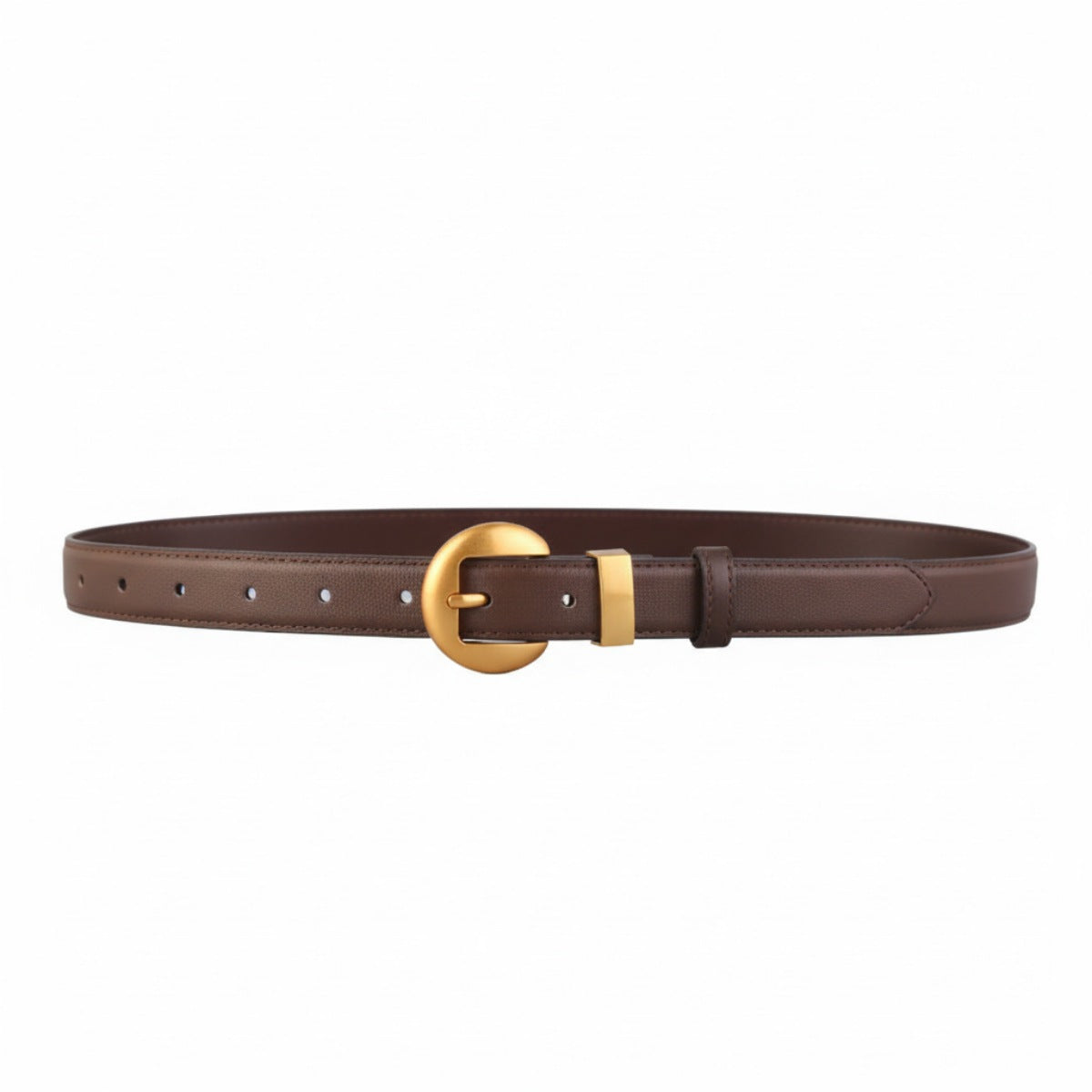 Brown leather belt with a gold buckle on a white background