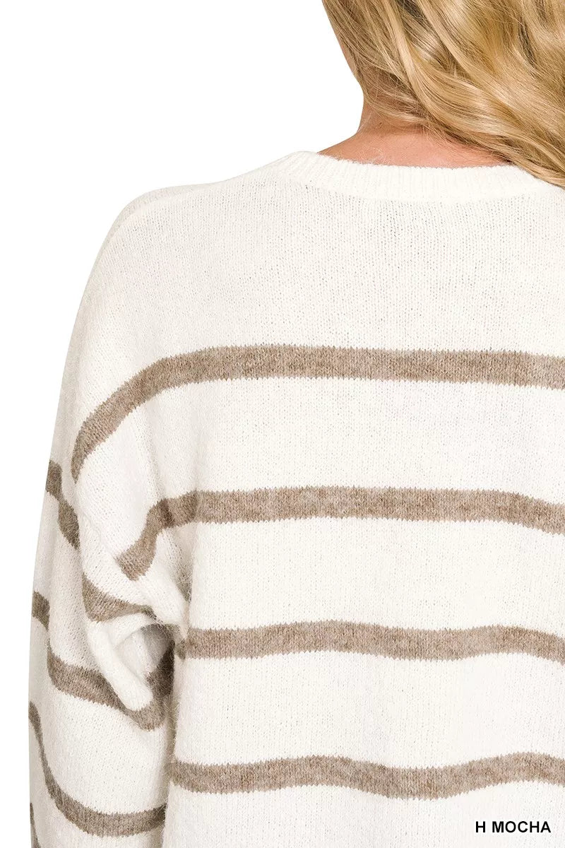 Close-up back view of a person wearing a fuzzy knit sweater with horizontal taupe-brown stripes on an off-white base. The text 'H MOCHA' appears in the bottom right corner.