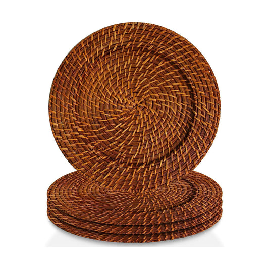Set of four woven charger plates on a white background