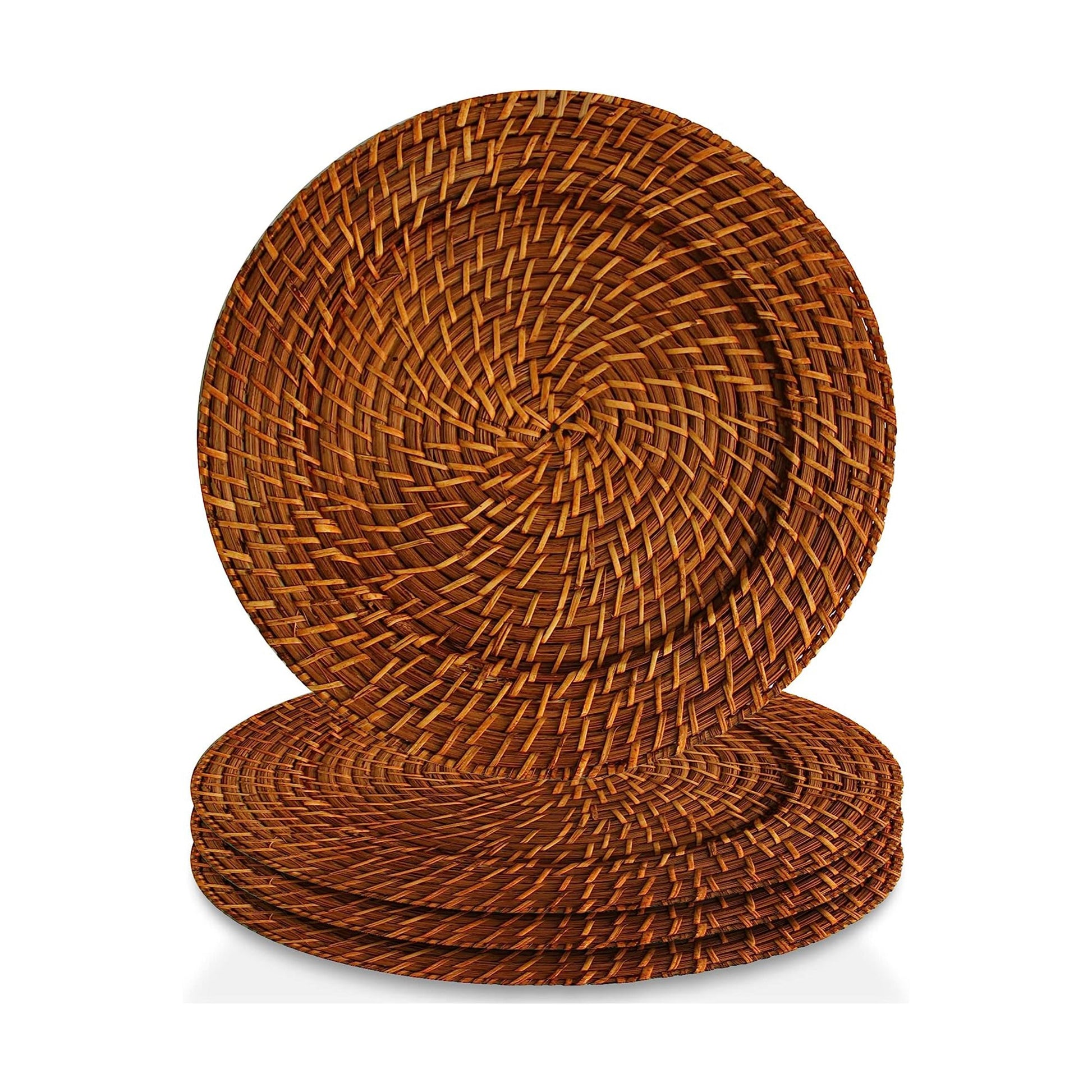 Set of four woven charger plates on a white background