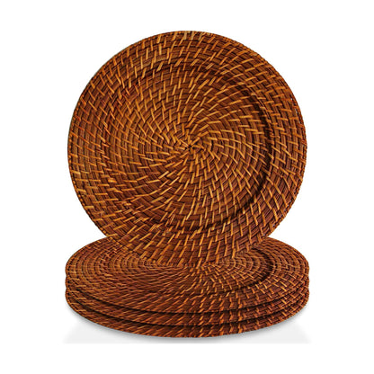 Set of four woven charger plates on a white background