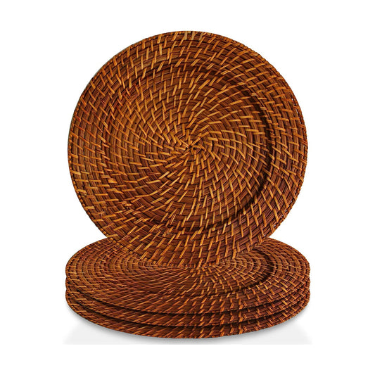 Set of four woven charger plates on a white background