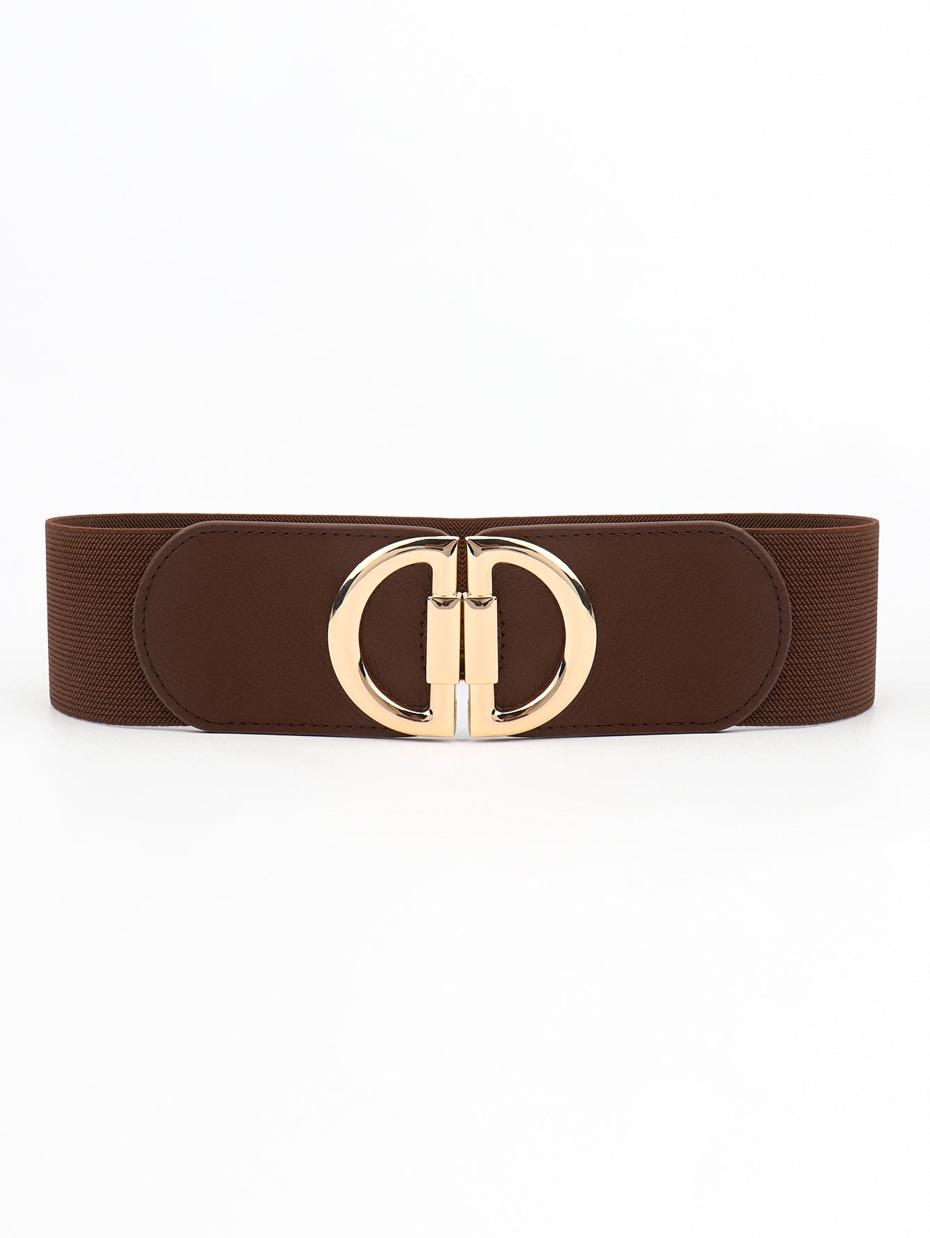 Brown belt with a gold circular buckle on a white background