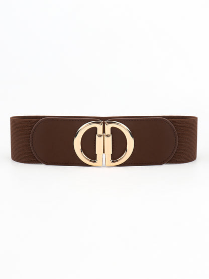Brown belt with a gold circular buckle on a white background