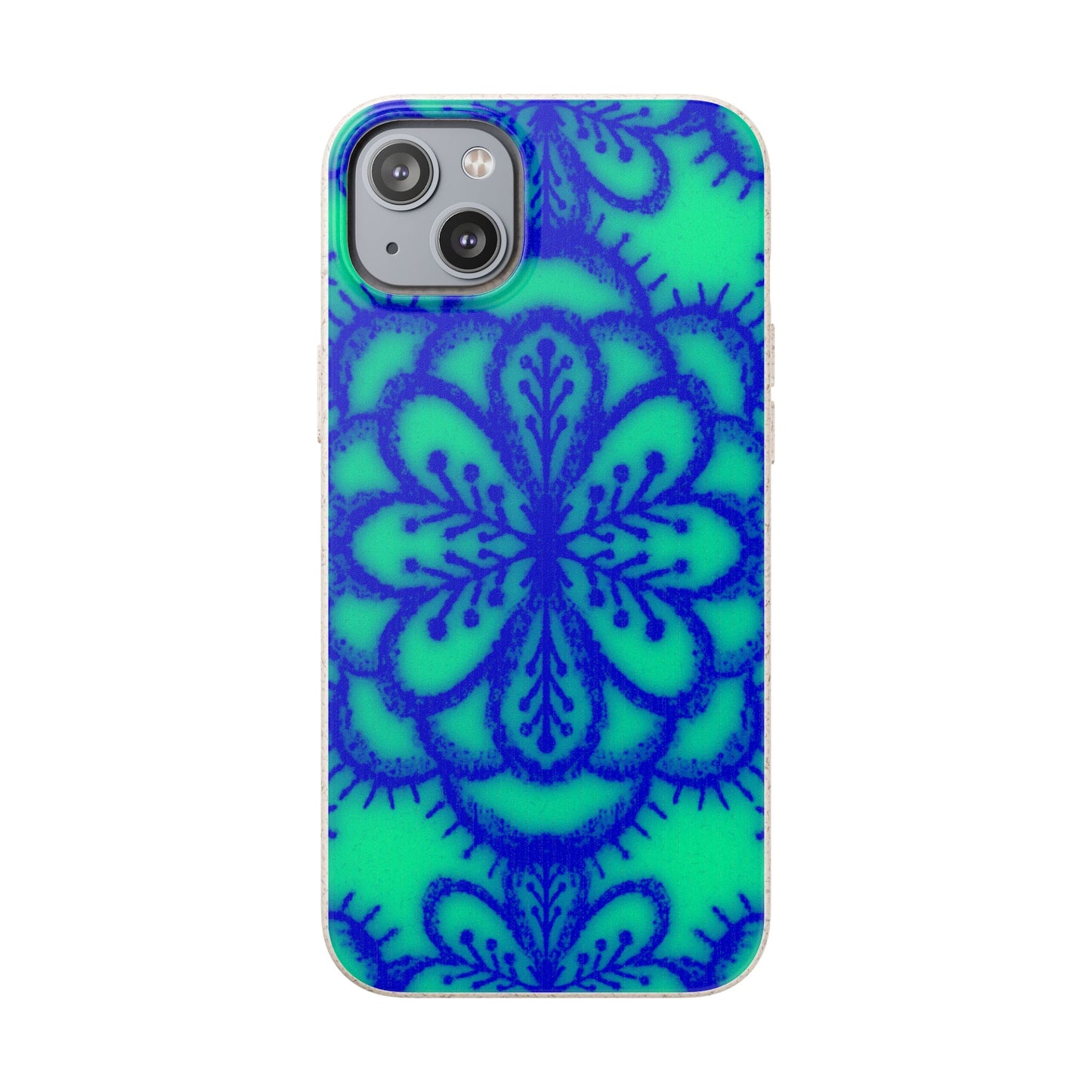 A phone case featuring a vibrant blue mandala pattern printed on a bright green background, shown on a plain white studio background.