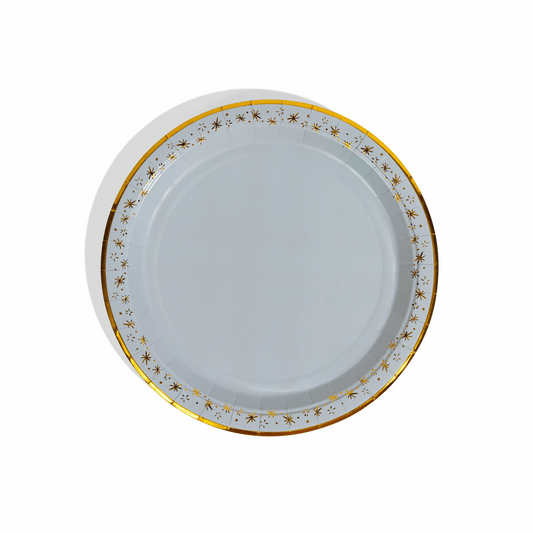 Round white paper plate with a gold foil rim and gold star pattern.