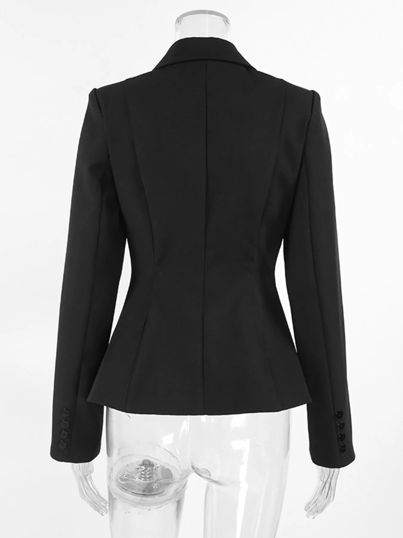 Black long-sleeve blazer shown from the back on a clear mannequin against a white background.