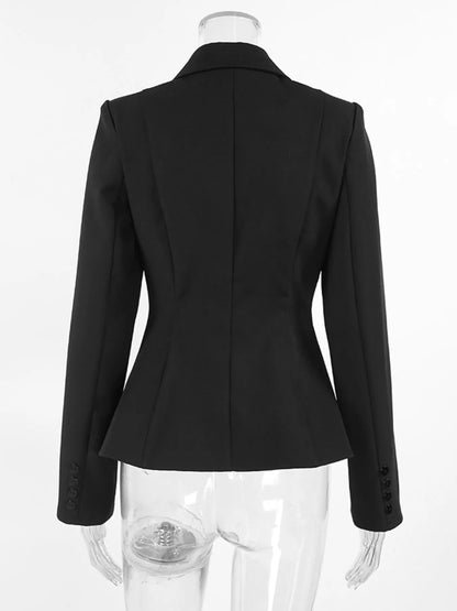 Black long-sleeve blazer shown from the back on a clear mannequin against a white background.