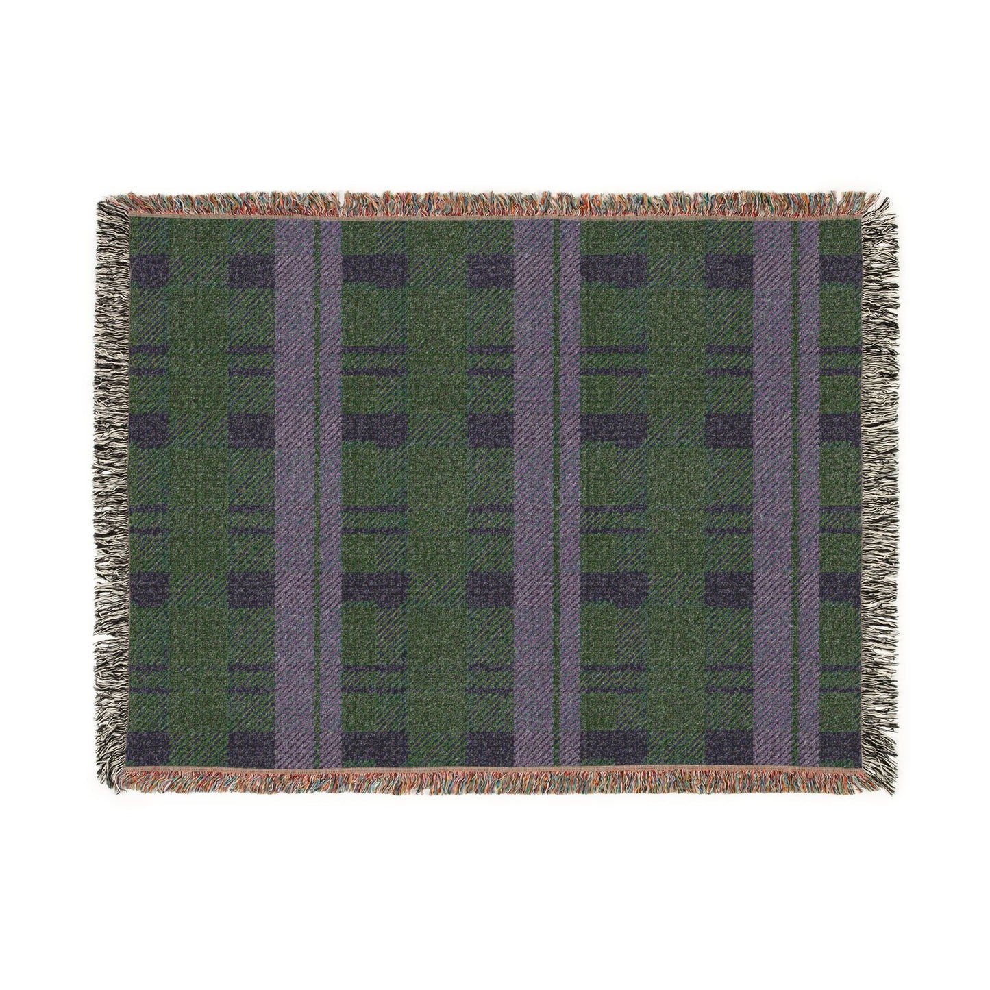A rectangular woven throw blanket with a green and purple plaid pattern and fringed edges, shown flat against a white background.