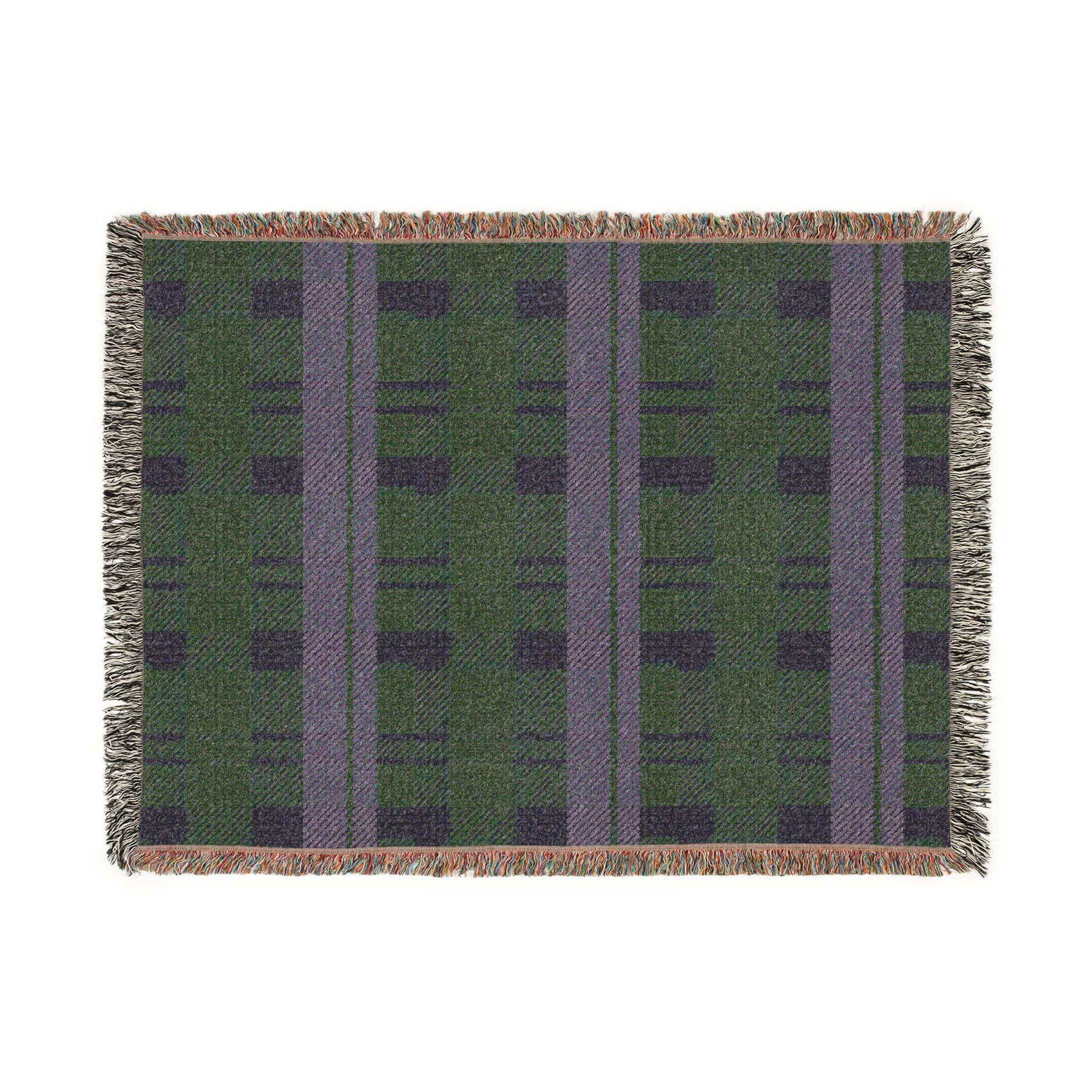 A rectangular woven throw blanket with a green and purple plaid pattern and fringed edges, shown flat against a white background.