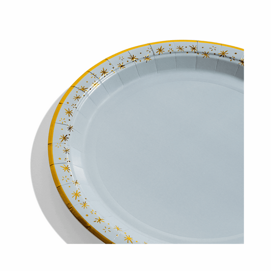 Close up of blue and gold paper plate.