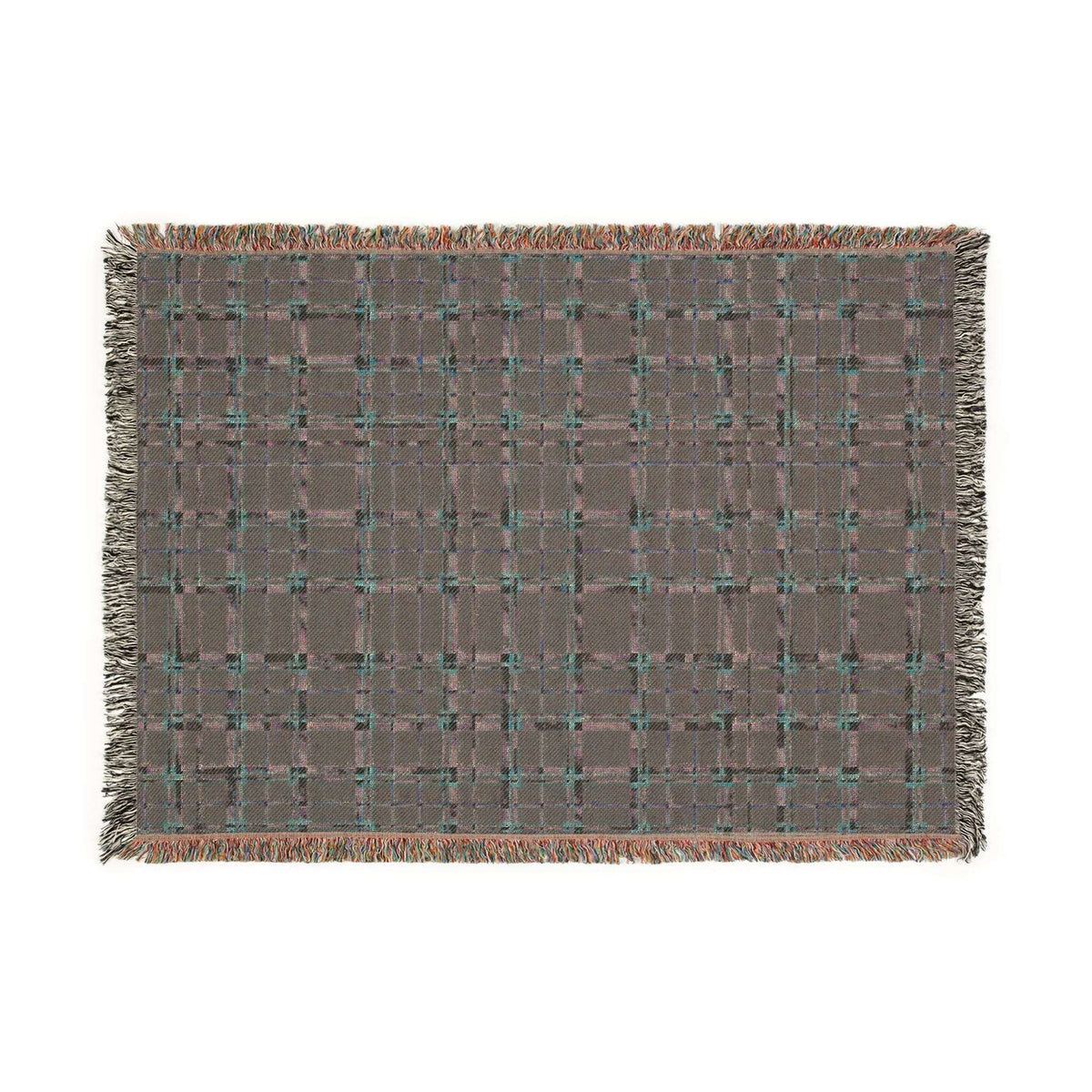 Reverse side of a rectangular woven throw blanket with a brown and gray plaid pattern, accented by teal and orange threads, finished with fringed edges, shown flat on a white background.