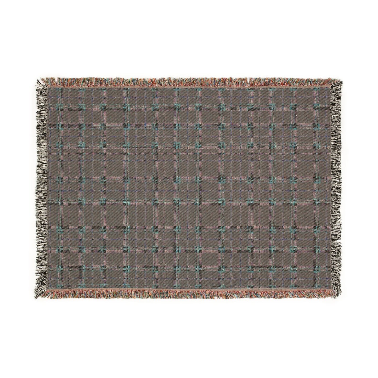 A rectangular woven throw blanket with a brown and gray plaid pattern, accented by teal and orange threads, finished with fringed edges, shown flat on a white background.
