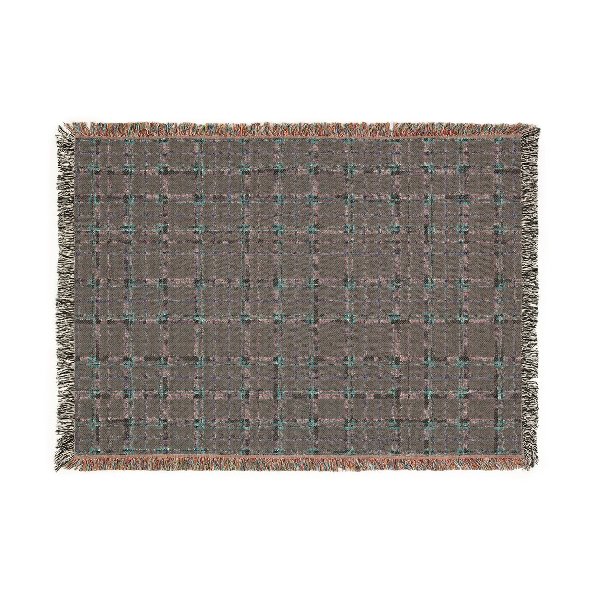 A rectangular woven throw blanket with a brown and gray plaid pattern, accented by teal and orange threads, finished with fringed edges, shown flat on a white background.