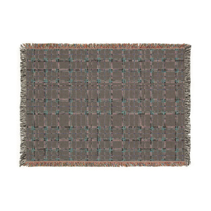 A rectangular woven throw blanket with a brown and gray plaid pattern, accented by teal and orange threads, finished with fringed edges, shown flat on a white background.