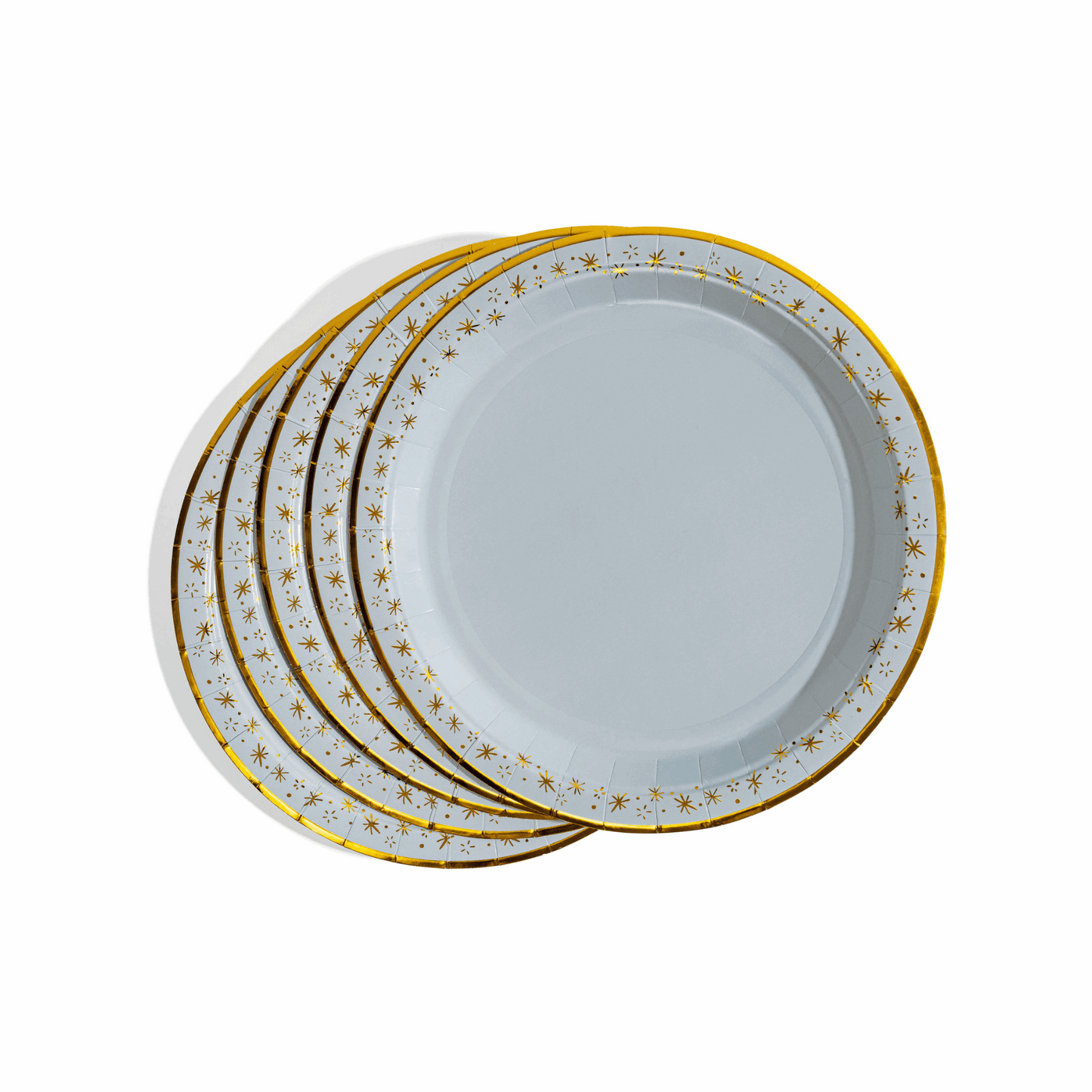 Stack of five round white paper plates with gold foil rims and gold star patterns.
