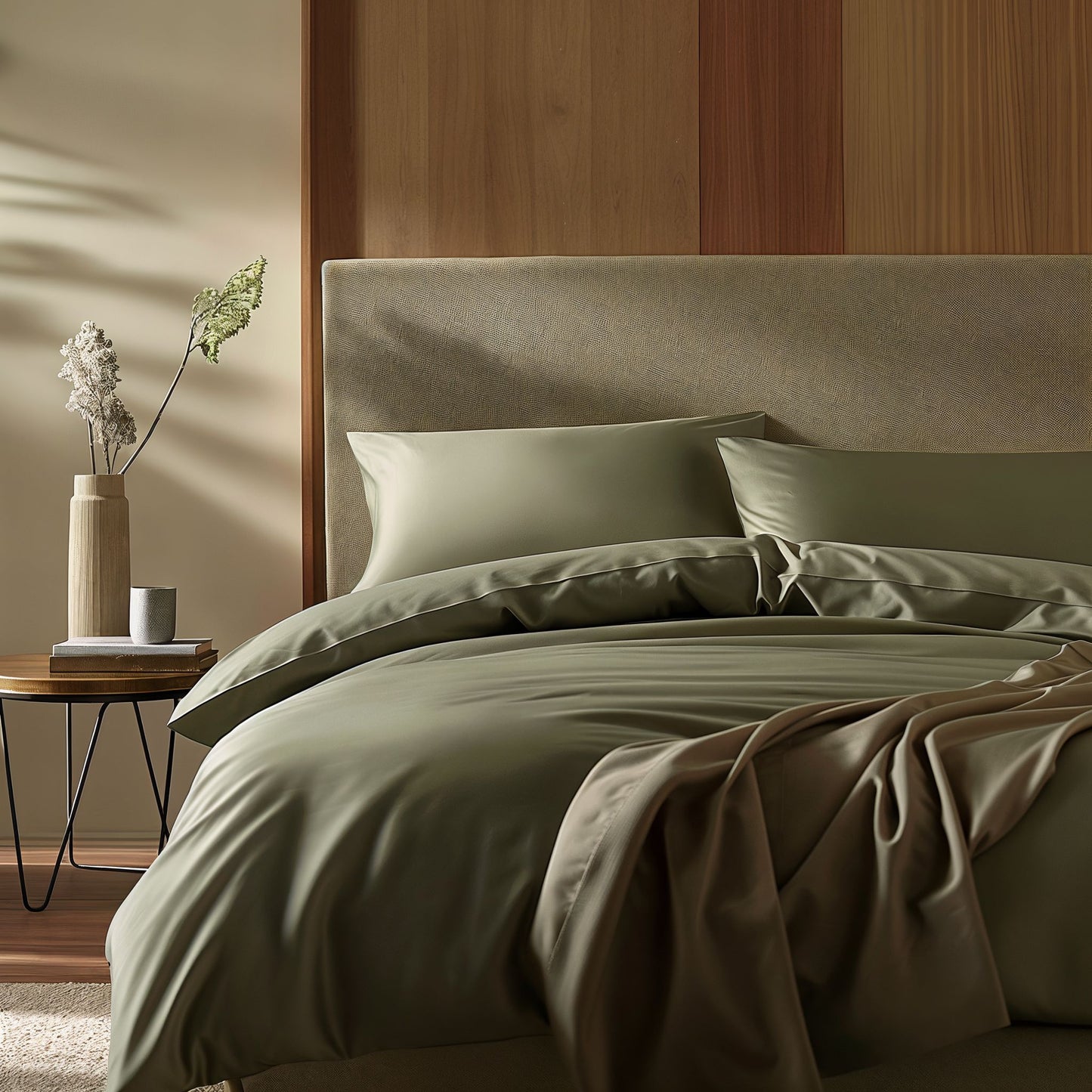 Neatly made bed with green bedding in a bedroom setting.