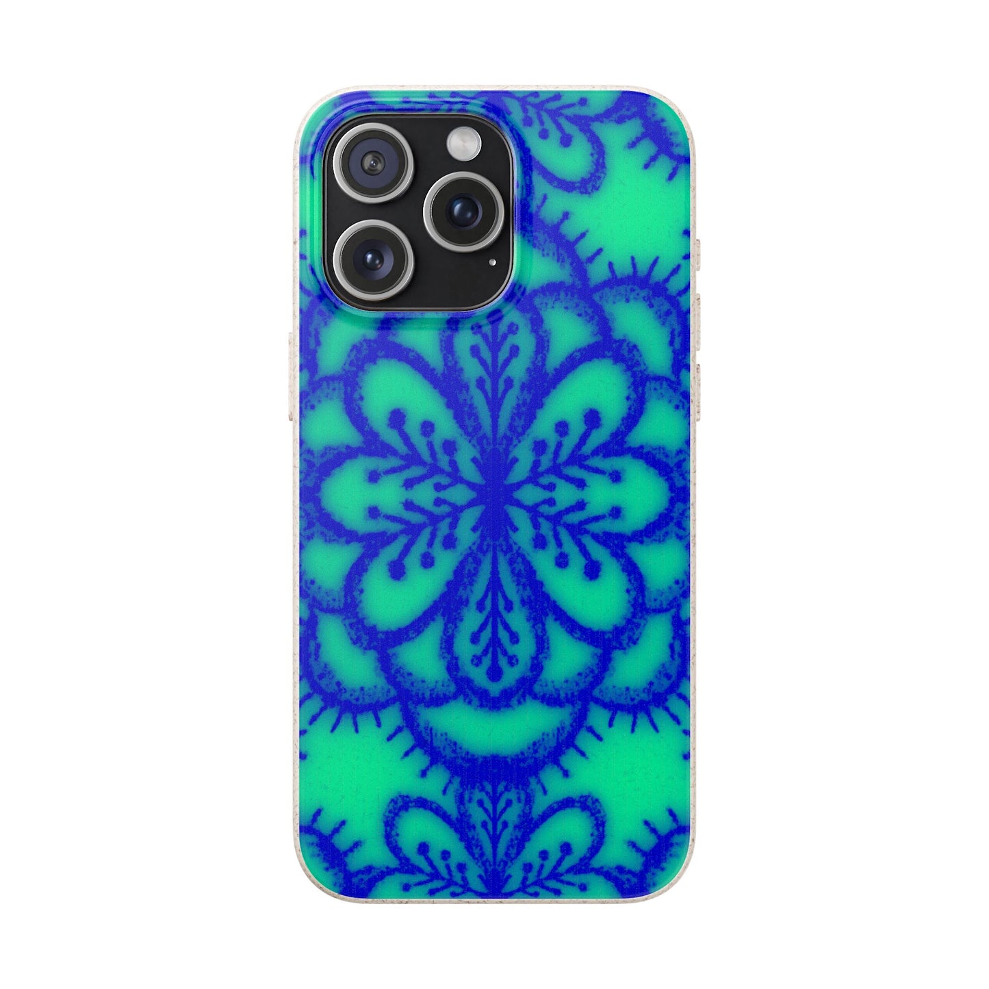 A protective phone case with a vibrant green and blue mandala pattern, shown on a white background.