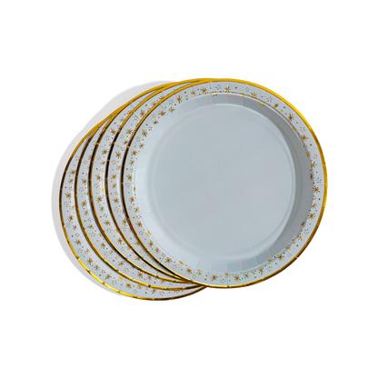 Close up of a stack of blue and gold paper plates.