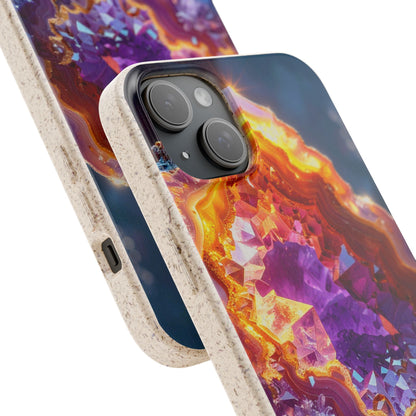 A close-up of a smartphone case shown from two angles on a white background. The case has a textured light beige outer edge and a vivid printed back featuring swirling orange, yellow, purple, and blue geode-like crystal patterns.