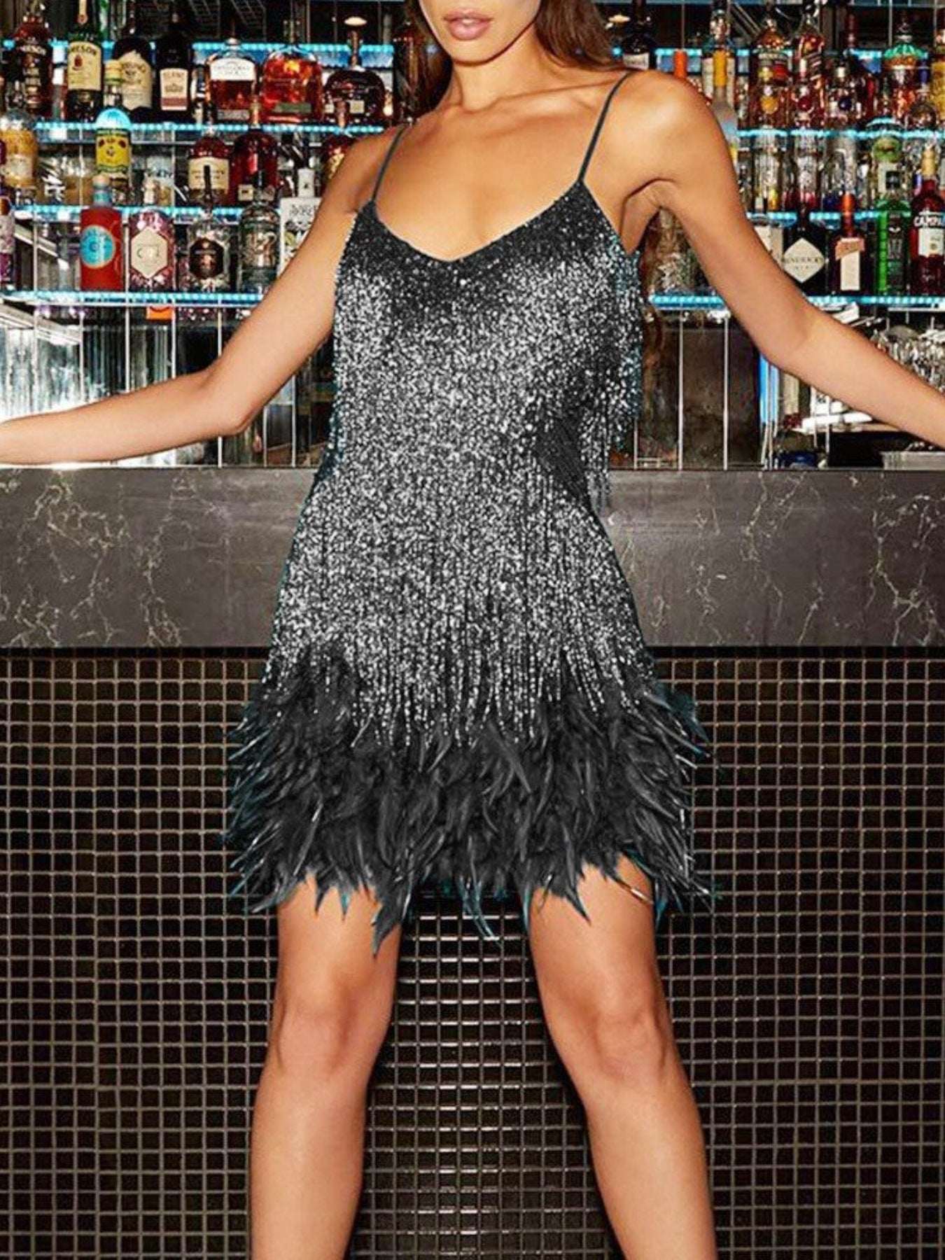 Fringe Feather Hem Mini Party Dress
