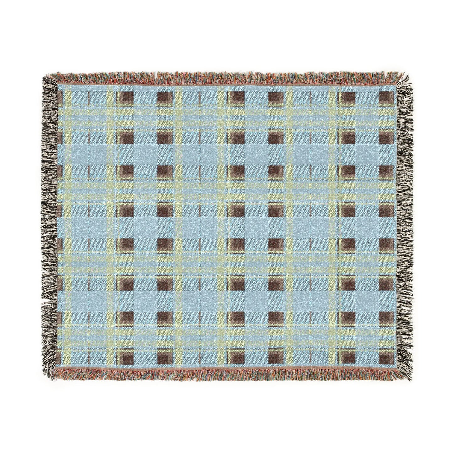 A square woven throw blanket with a plaid pattern in light blue, brown, and pale yellow, featuring fringed edges on all sides, shown against a plain white background.