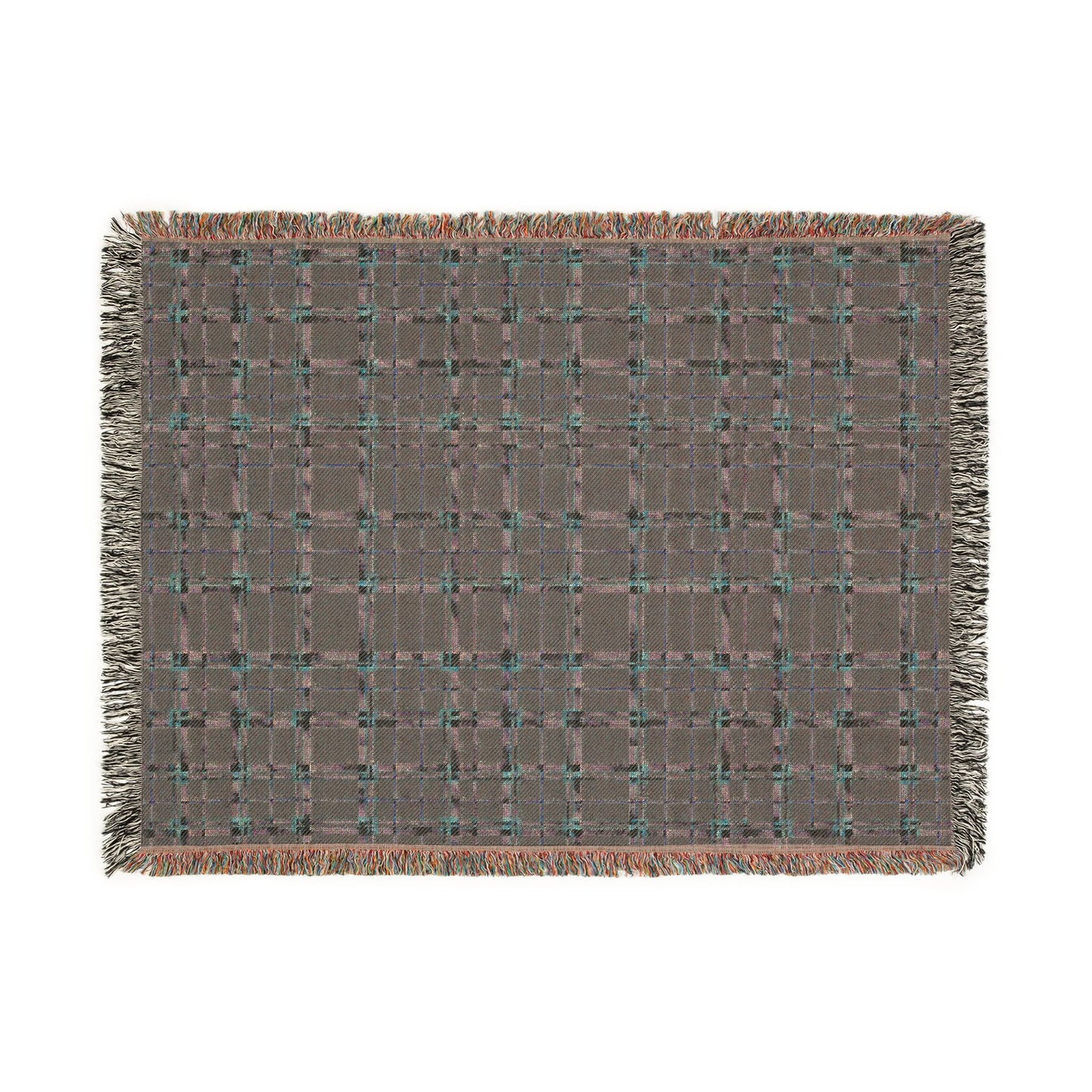 A rectangular woven throw blanket with fringe on all sides, featuring a muted brown and gray plaid pattern with small turquoise and rust-orange accents.