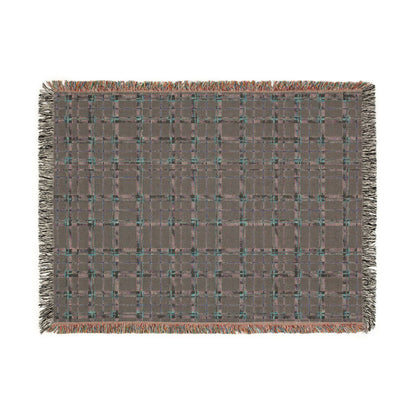 A rectangular woven throw blanket with fringe on all sides, featuring a muted brown and gray plaid pattern with small turquoise and rust-orange accents.