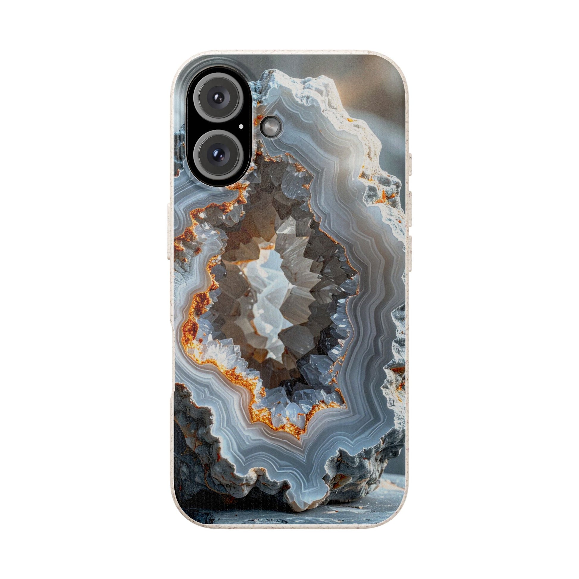 A phone case featuring a detailed geode or agate crystal formation print with concentric bands of gray, white, brown, and orange, shown on a plain white background.